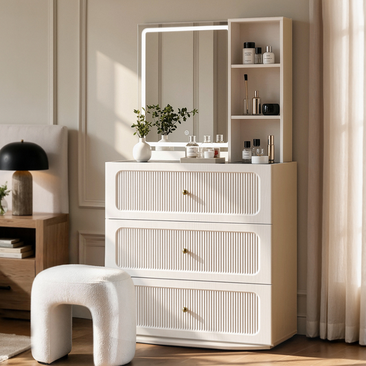 FlexMod 31.5" Modular Fluted 3-Drawer Vanity Dresser with 3-Color LED Mirror & Side Shelves