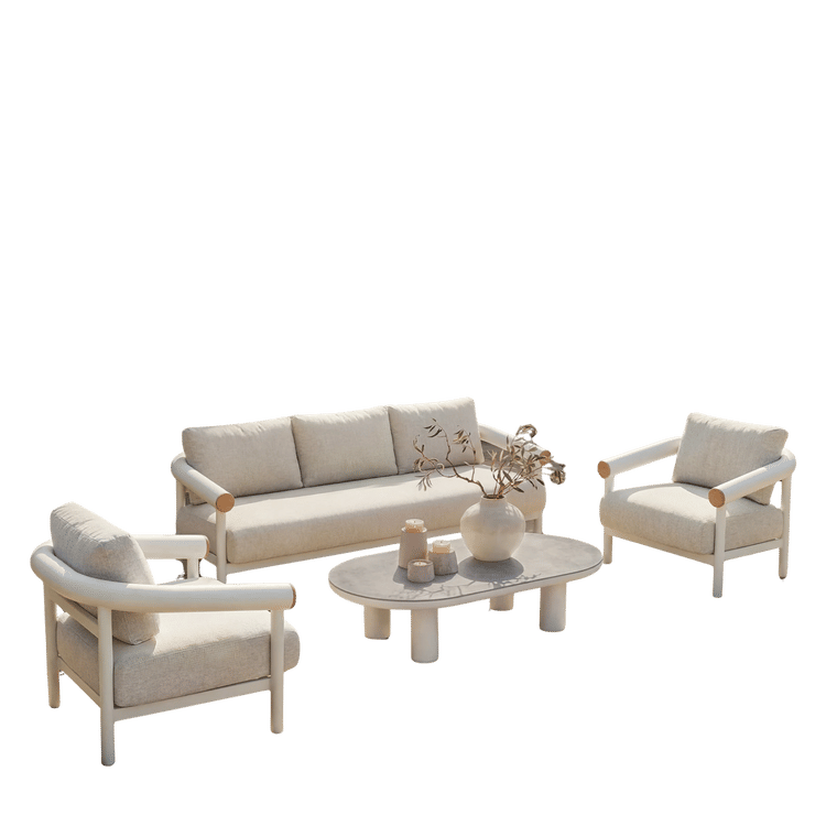 Cutout outdoor set with one light sofa, two chairs, and a coffee table on black