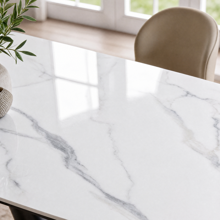 78" Glossy Sintered Stone Dining Table – Snow Mountain Pattern with V-Shaped Metal Base (6-8 Seater)