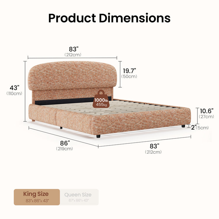 The bed measures 86 inches long, 83 inches wide, and 43 inches high