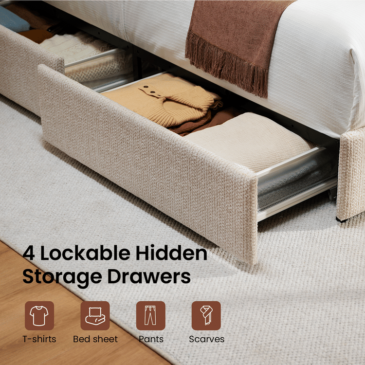 Tareya Queen Upholstered Bed Frame with 4 Storage Drawers, Beige