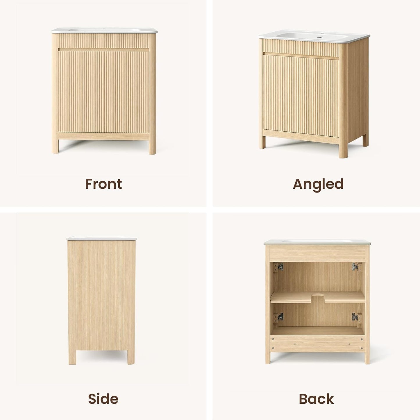 30" Freestanding Bathroom Vanity with Sink, Solid Wood Legs & Fluted Panel