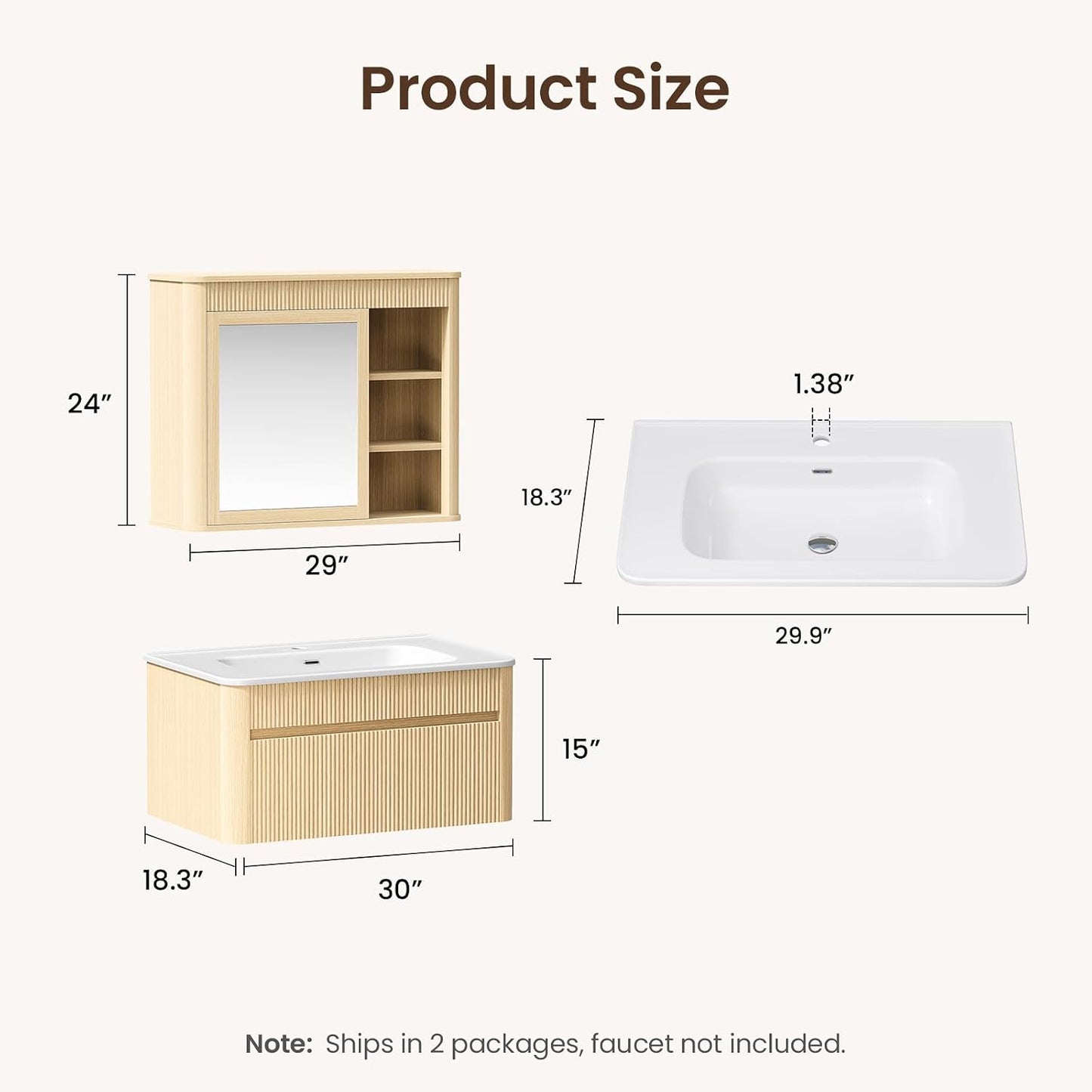 30" Floating Bathroom Vanity and Mirror Medicine Cabinet Combo, Fluted Solid Wood Wall Mounted Set, Oak & Ceramic Sink