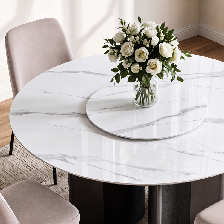 53" Snowy Mountain Glossy Sintered Stone Round Table for 6-8 (with Turntable)