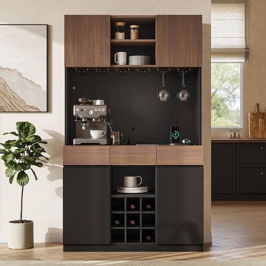 Whisper Series 71" Black Wine Bar Cabinet with LED & Storage