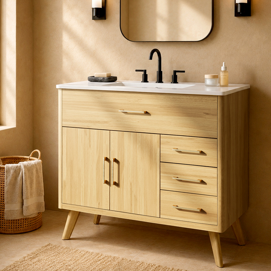 Bathroom vanity shown in a bathroom setting