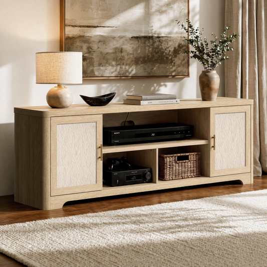 70-Inch Natural Oak-Look TV Stand with Charging Station and Adjustable Shelves, Media Console for TVs Up to 75 Inches