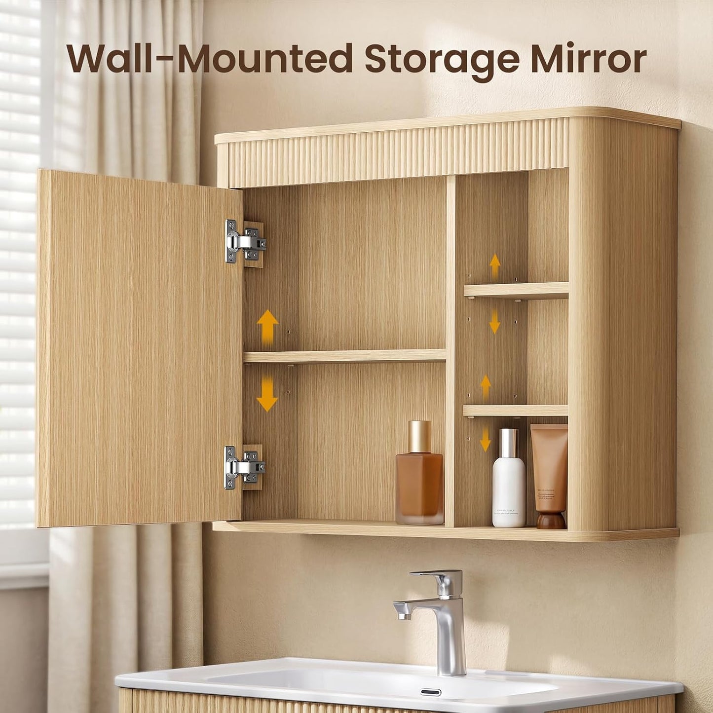 30" Floating Bathroom Vanity and Mirror Medicine Cabinet Combo, Fluted Solid Wood Wall Mounted Set, Oak & Ceramic Sink