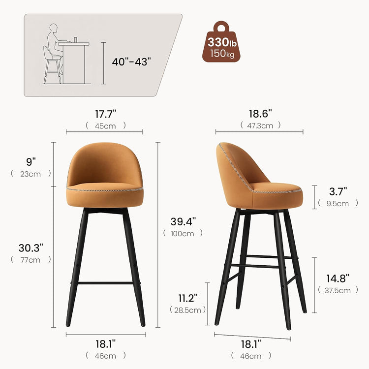 2-Pack 360° Swivel Bar Stools, 30.3" Barstools with Integrated Curved Back