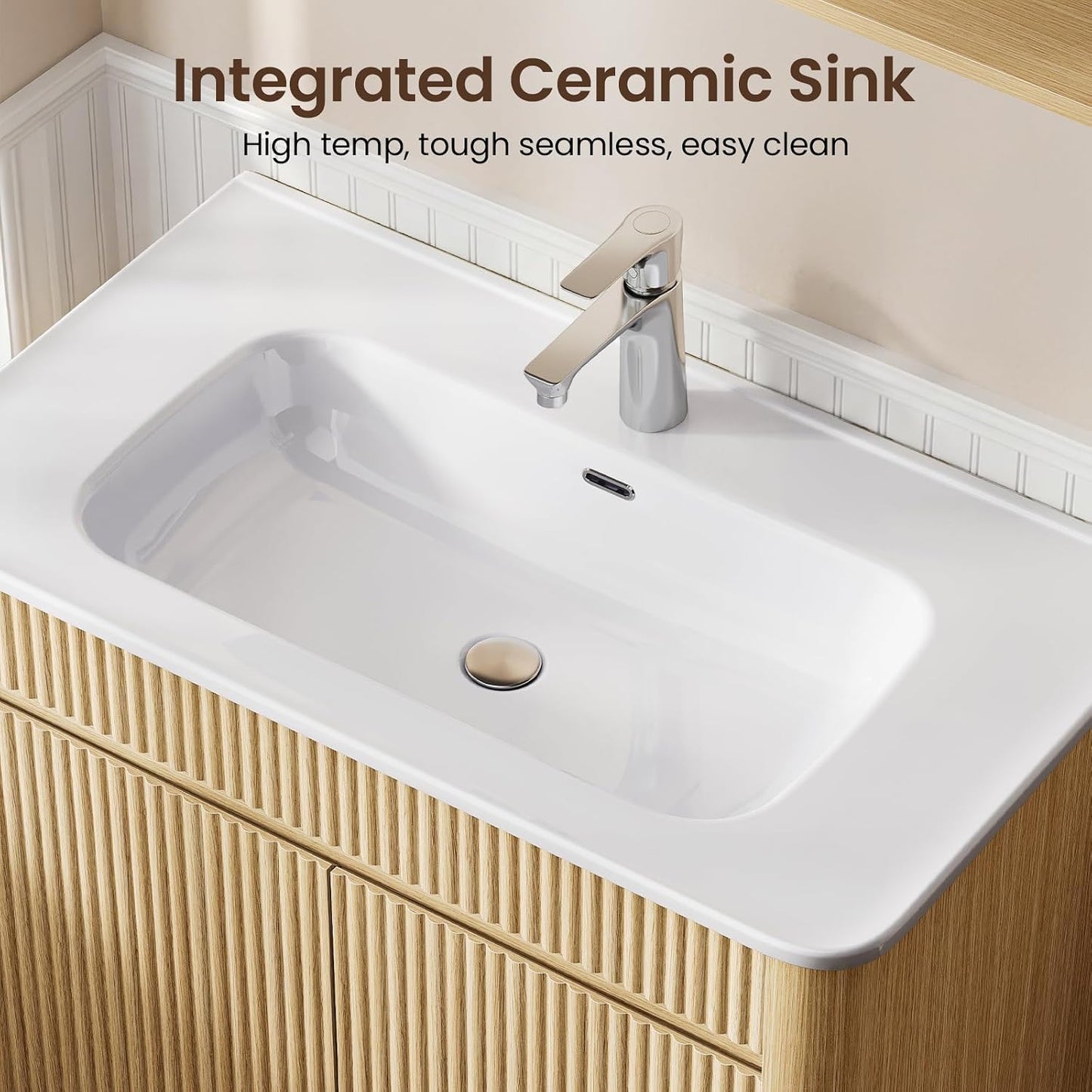 30" Freestanding Bathroom Vanity with Sink, Solid Wood Legs & Fluted Panel