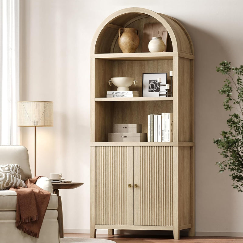 76" Tall Arched Bookcase, 5 Tier Fluted Cabinet with Doors & Adjustable Shelves