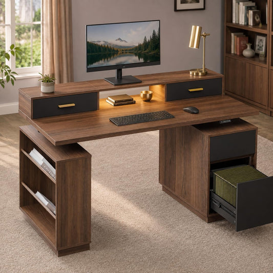 63" Electric Executive Standing Desk with LED Lighting, 4‑Drawers, Monitor Riser & File Cabinet