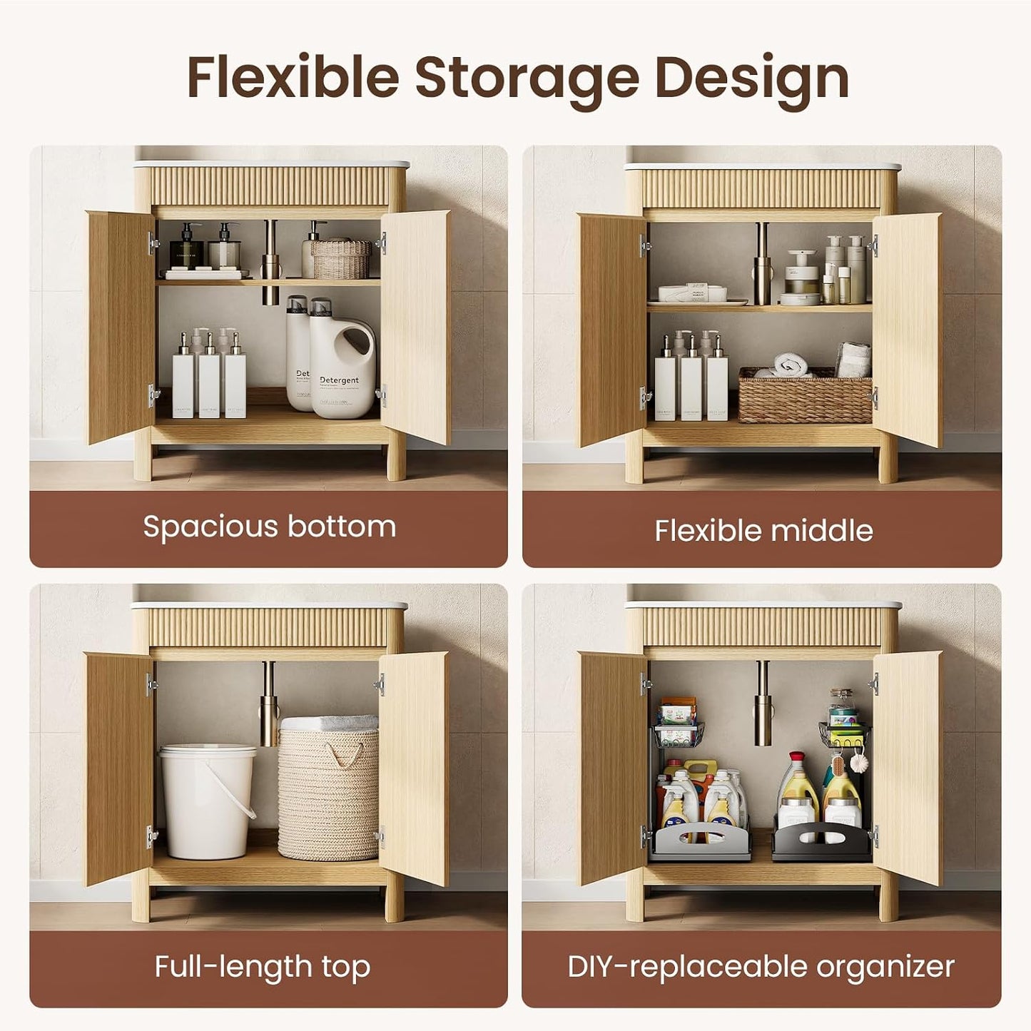 30" Freestanding Bathroom Vanity with Sink, Solid Wood Legs & Fluted Panel