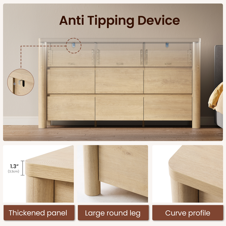 Graphic highlights an Anti Tipping Device on a light wood-grain nine-drawer dresser, Top panel shows 1.3 inches thickness