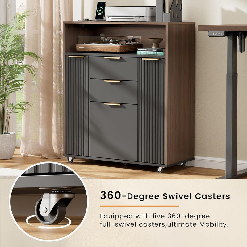 31.5" Fluted Storage Cabinet Rolling Sideboard Buffet Black Walnut Office Cabinet Rolling Bookcase