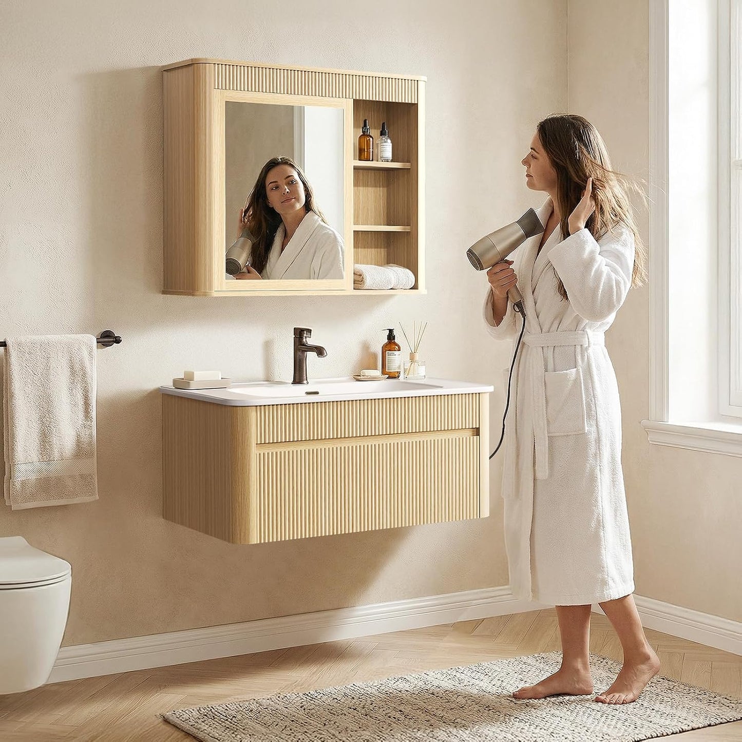 30" Floating Bathroom Vanity and Mirror Medicine Cabinet Combo, Fluted Solid Wood Wall Mounted Set, Oak & Ceramic Sink