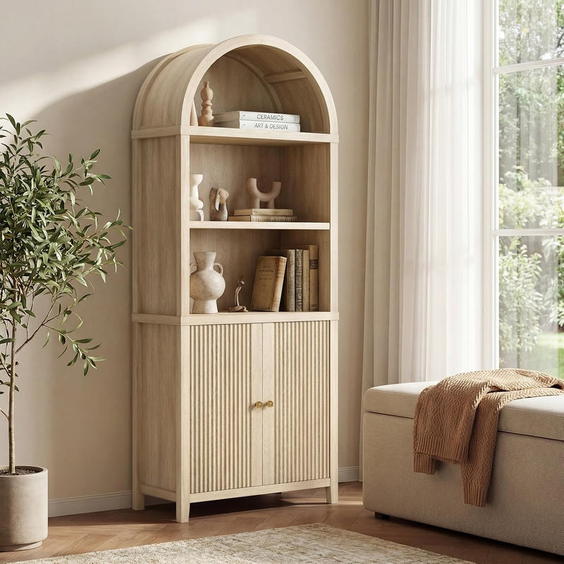 76" Tall Arched Bookcase, 5 Tier Fluted Cabinet with Doors & Adjustable Shelves