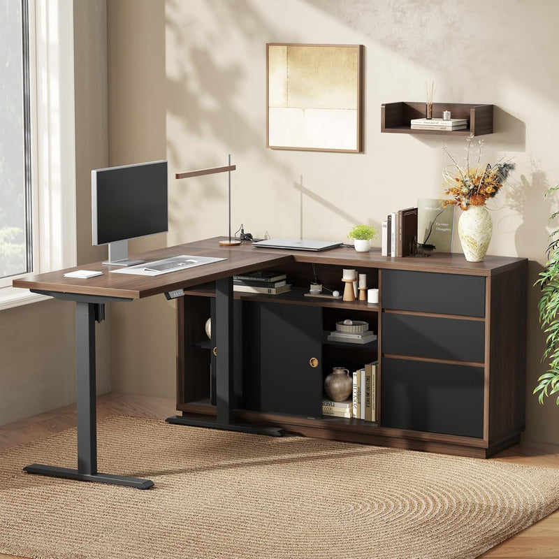 The desk has an L-shaped work surface with drawers and open shelving on one side