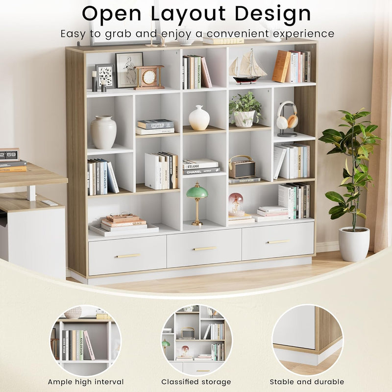 60" Bookshelf with Drawers, White Walnut Cube Storage Organizer