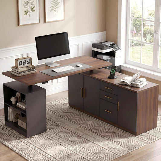 59" Electric Standing Desk L Shaped Executive Desk with 3 Drawers & Power Outlets
