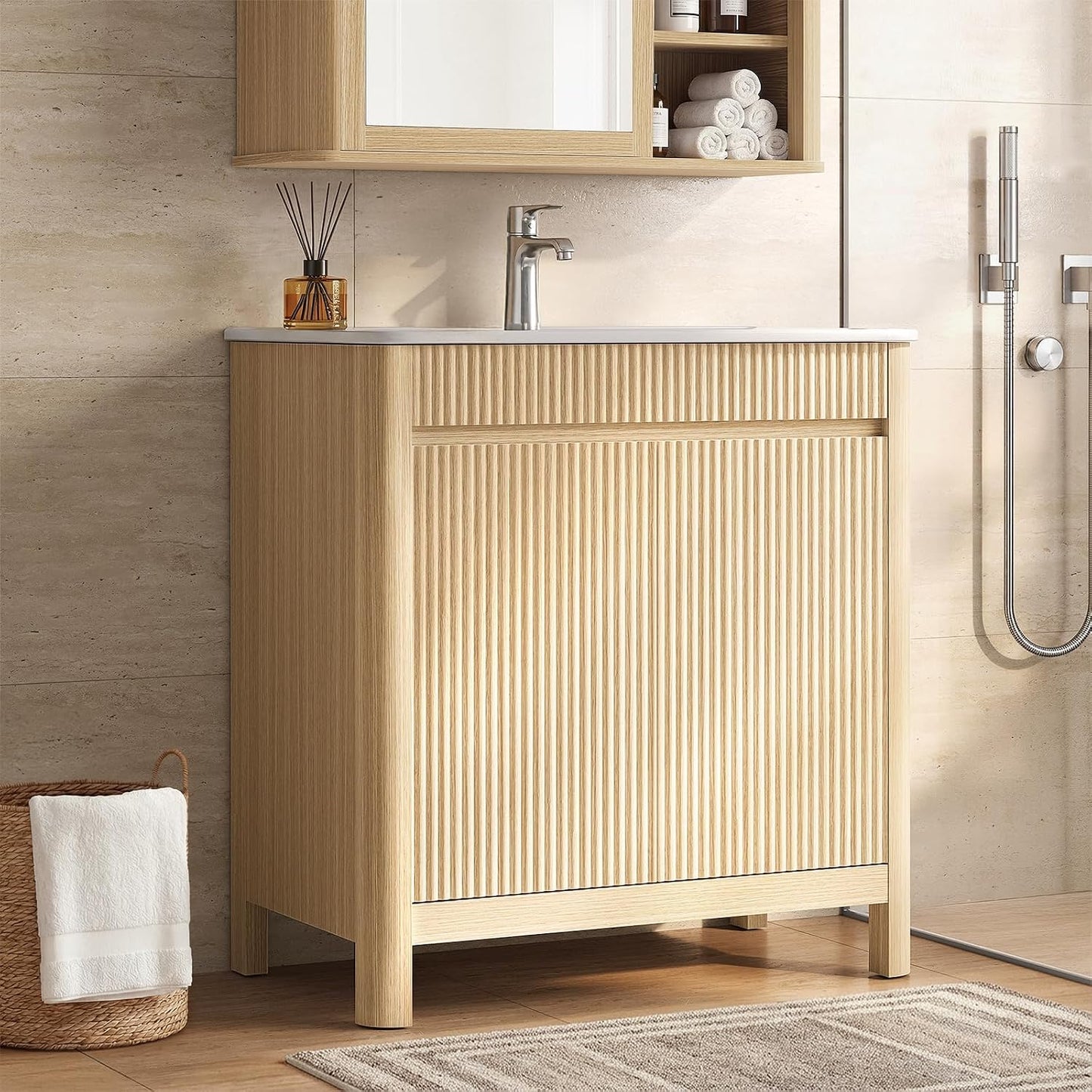 30" Freestanding Bathroom Vanity with Sink, Solid Wood Legs & Fluted Panel