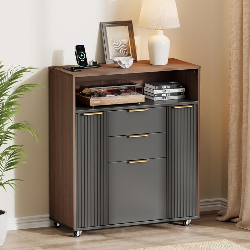 31.5" Fluted Storage Cabinet Rolling Sideboard Buffet Black Walnut Office Cabinet Rolling Bookcase