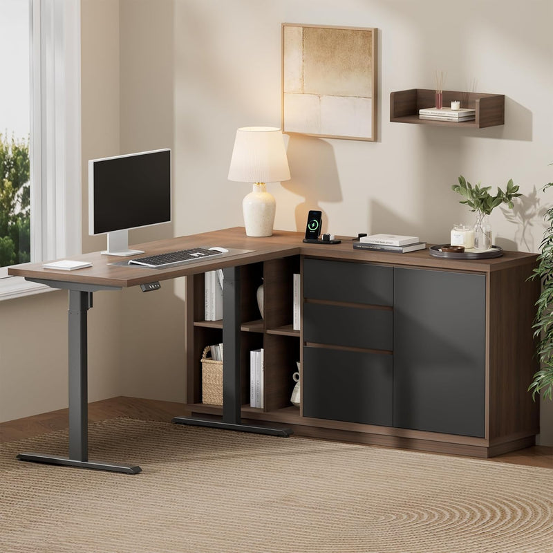 The workspace combines a desk surface, open shelving, and a two-drawer cabinet
