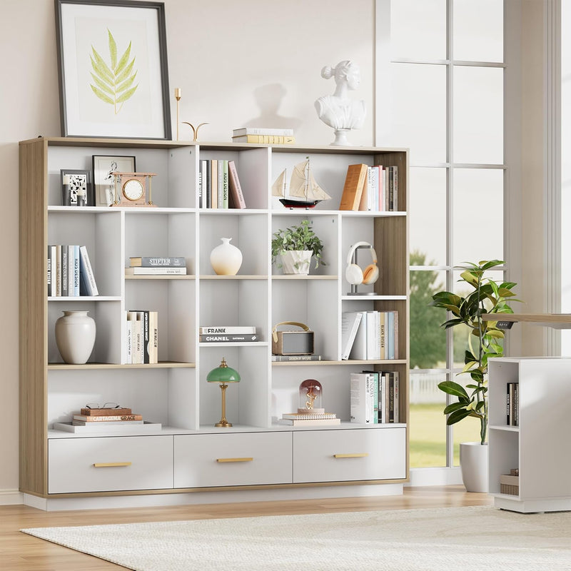 A wide white-and-woodgrain bookcase fills the wall beside a window, Open cubbies display books, plants, lamps, and ornaments