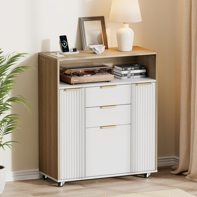 31.5" Fluted Storage Cabinet Rolling Sideboard Buffet Light Walnut Office Cabinet Rolling Bookcase