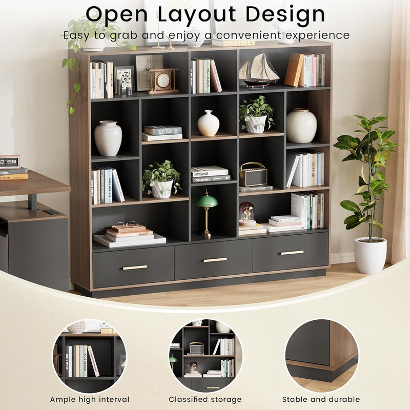 [Pre-Sale] 60" Bookshelf with Drawers, Black Walnut Cube Storage Organizer