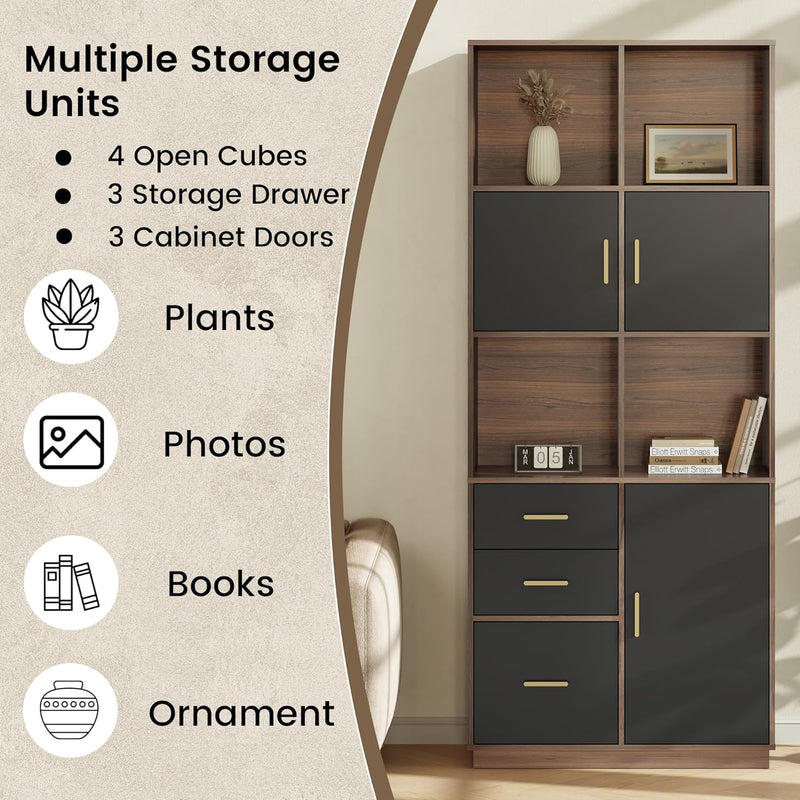 Tall storage cabinet has open cubbies, three drawers, and dark doors, Graphic lists multiple storage units