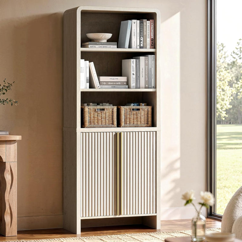 Caly 74.1" Fluted Tall Bookcase with Doors, 6 Tier Bookshelf