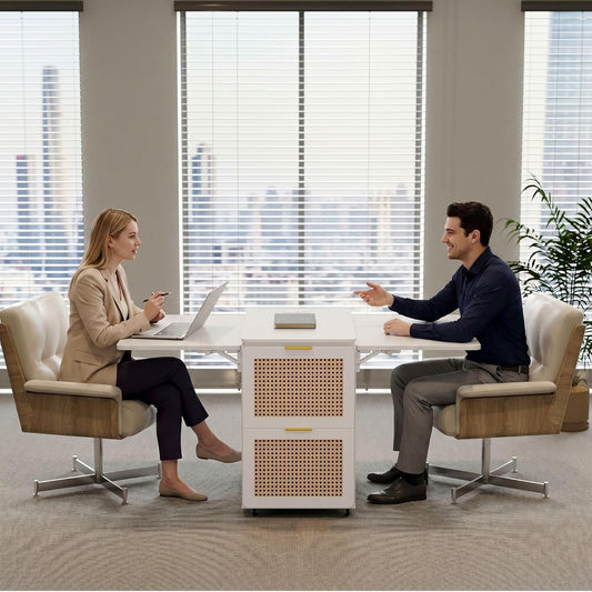 Two people sit facing each other across a white desk with a central two-drawer cabinet