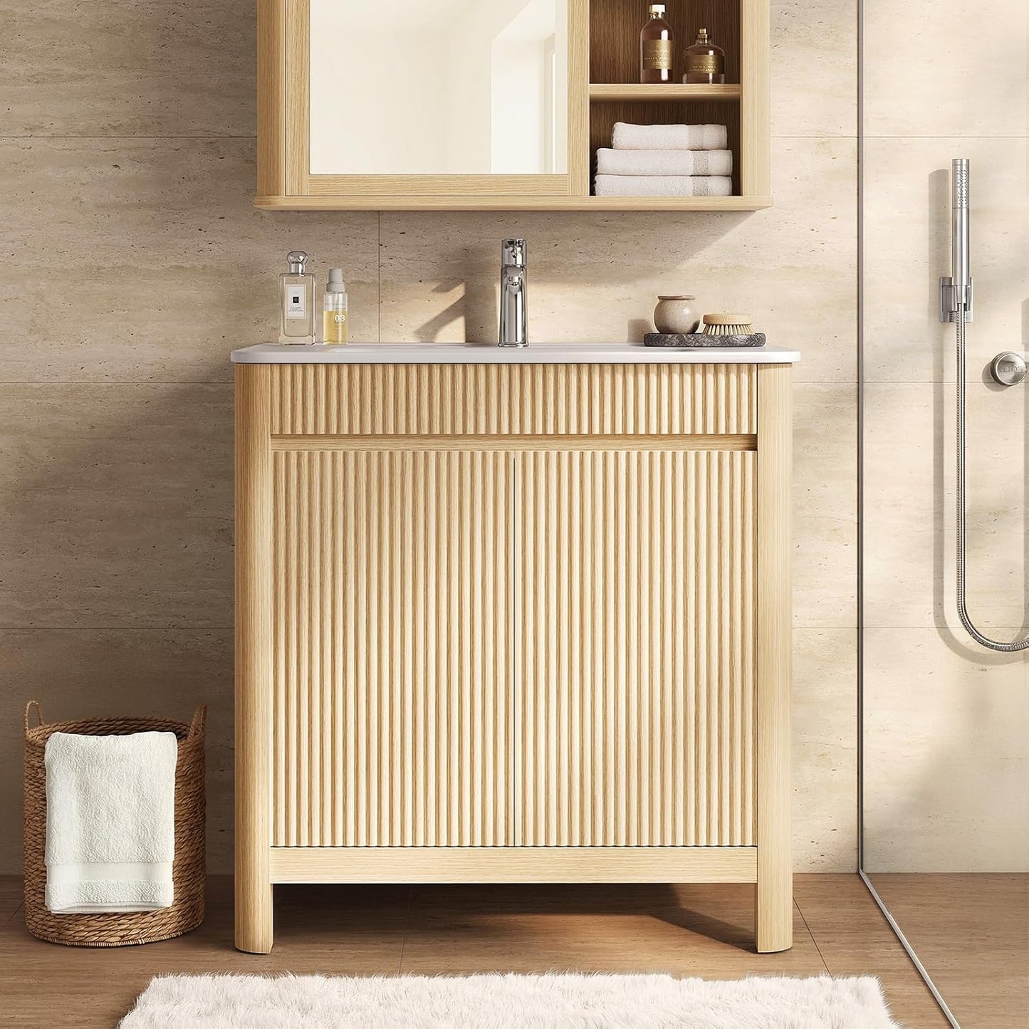 30" Freestanding Bathroom Vanity with Sink, Solid Wood Legs & Fluted Panel
