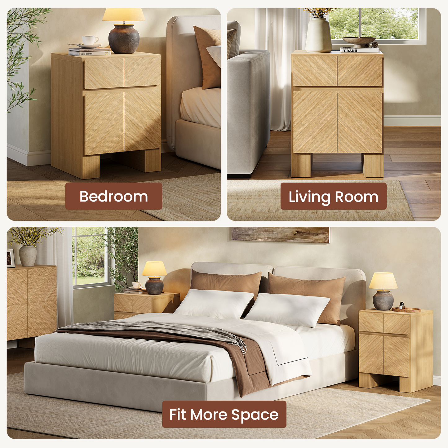 2PCS Galileo 23.5 " Wooden Nightstand with Charging Station, Natural Oak