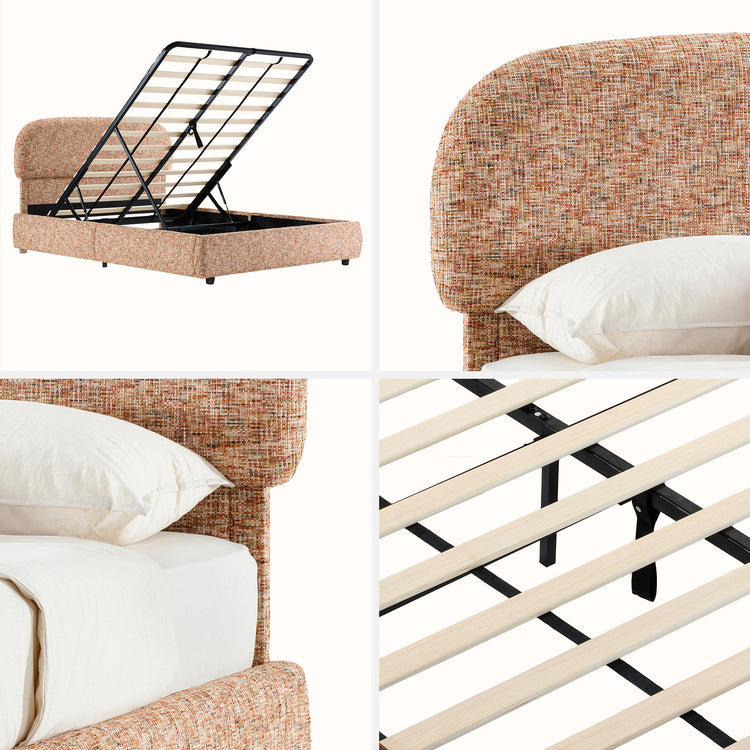 Upholstered bed has a rounded headboard and matching side rails