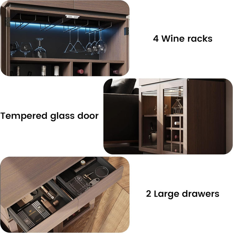 Whisper Series 33.6" Coffee Bar Cabinet with LED, Charging & Wine Rack, Walnut