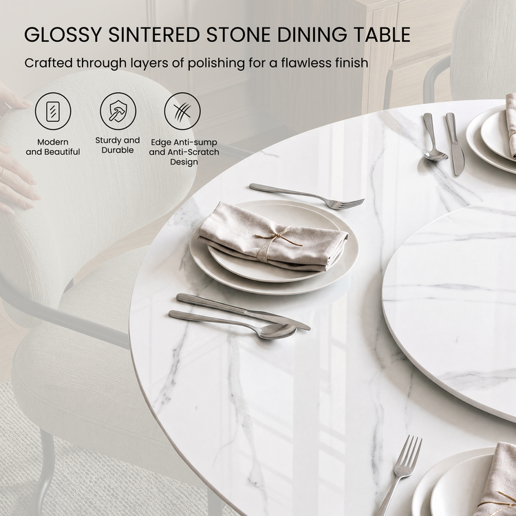 53" Snowy Mountain Glossy Sintered Stone Round Table for 6-8 (with Turntable)