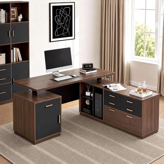 59" L‑Shaped Electric Executive Standing Desk with 5 Drawers & File Cabinet, AC/USB Ports