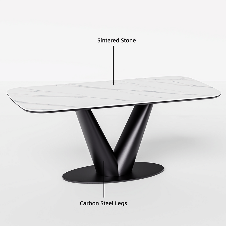 78" Glossy Sintered Stone Dining Table – Snow Mountain Pattern with V-Shaped Metal Base (6-8 Seater)