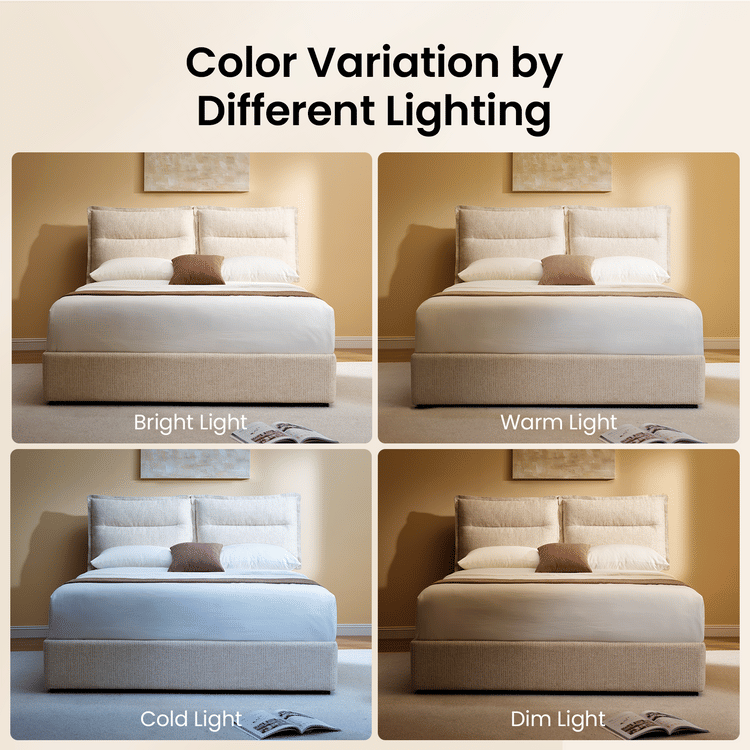 Four panels show the same upholstered bed under different lighting, Labels identify bright, warm, cold, and dim light