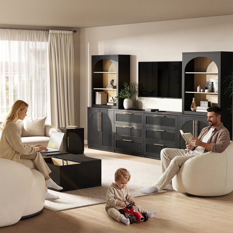 A dark storage wall unit frames a television between two arched shelving towers in a family living room