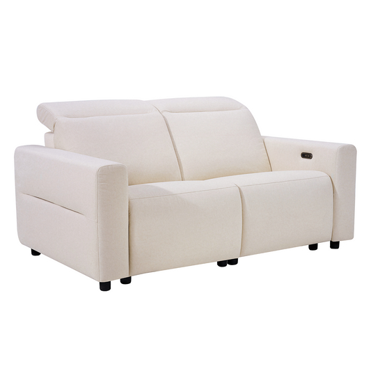 Cream two-seat loveseat with segmented backs and a side control panel