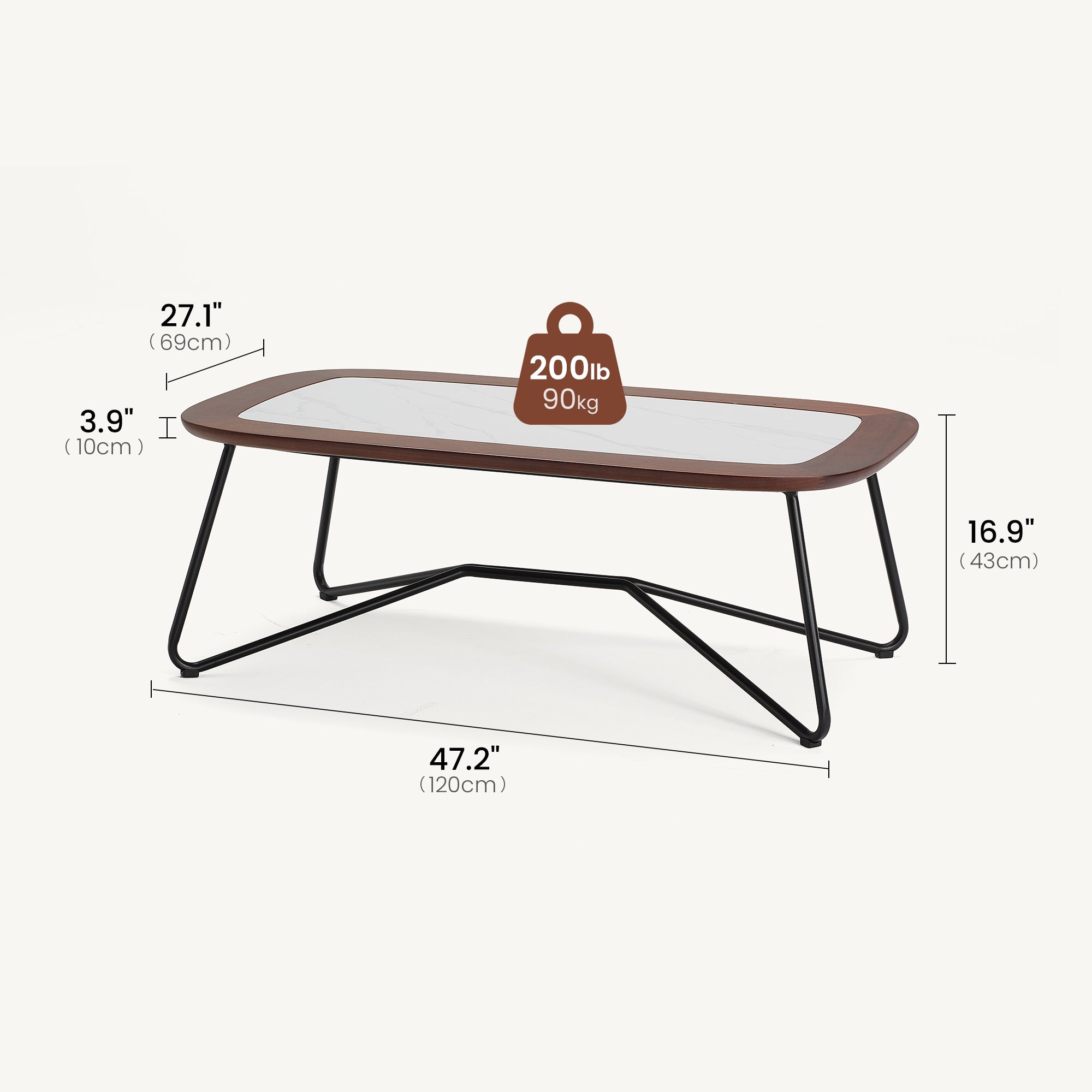 Amalfi 47.2"Outdoor Sintered Stone Coffee Table with Teak Frame - Dimensions