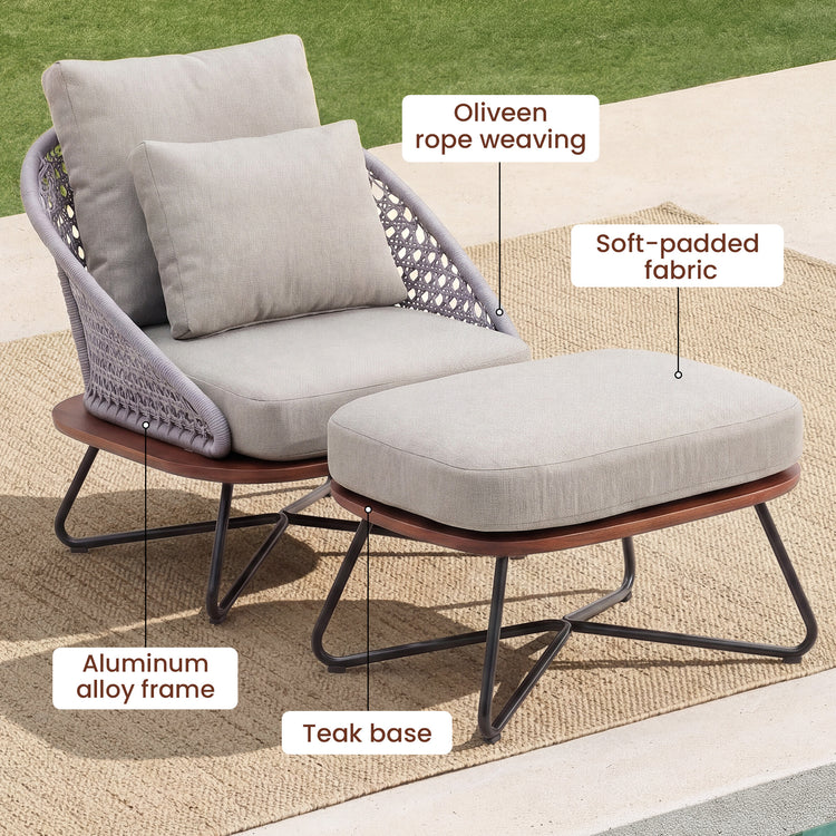 Graphic labels the gray lounge chair and ottoman Oliveen rope weaving, Soft-padded fabric, Aluminum alloy frame, and Teak base
