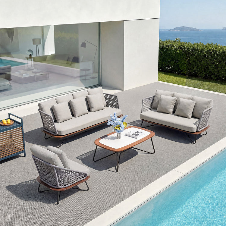 Amalfi 5-PCS Outdoor Conversation Set, Modern Woven Rope Sofa and Chair Set with Ottoman & Coffee Table