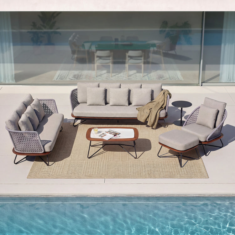 Amalfi 33" Outdoor Woven Rope Lounge Chair & Ottoman Set with Solid Teak Base