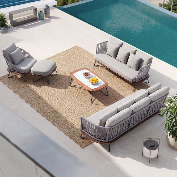 Amalfi 5-PCS Outdoor Conversation Set, Modern Woven Rope Sofa and Chair Set with Ottoman & Coffee Table