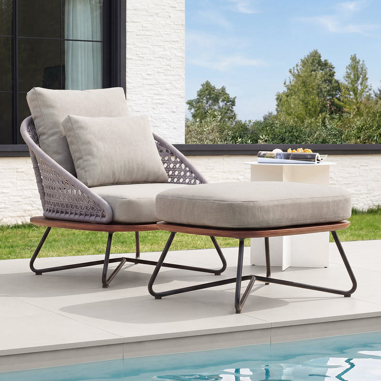 Amalfi 33" Outdoor Woven Rope Lounge Chair & Ottoman Set with Solid Teak Base