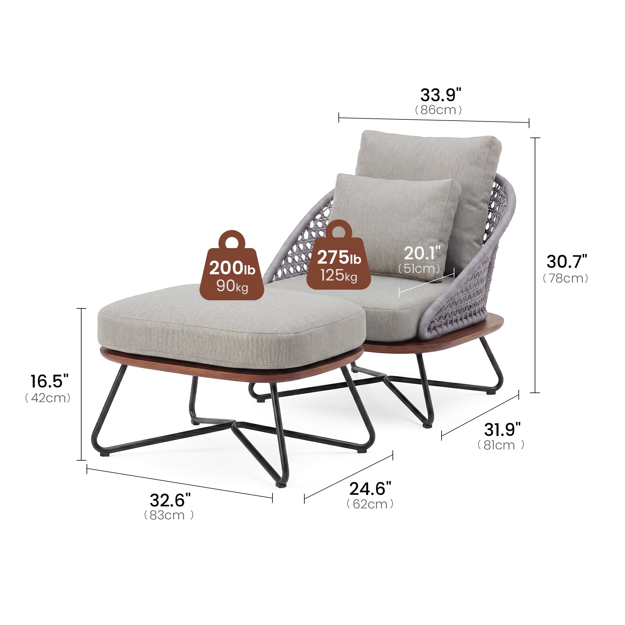 Amalfi 33" Outdoor Woven Rope Lounge Chair & Ottoman Set with Solid Teak Base - Dimensions